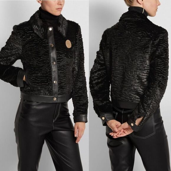 STAUD Buddha Black Faux Fur Jacket Vegan Leather Trim & an Oversized Gold Button - Picture 3 of 9